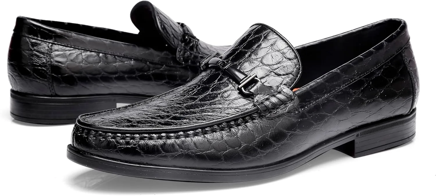 Leather Dress Shoes for Men, Classic Crocodile Printed Leather Slip-on Bit Loafer Party Shoes for Men