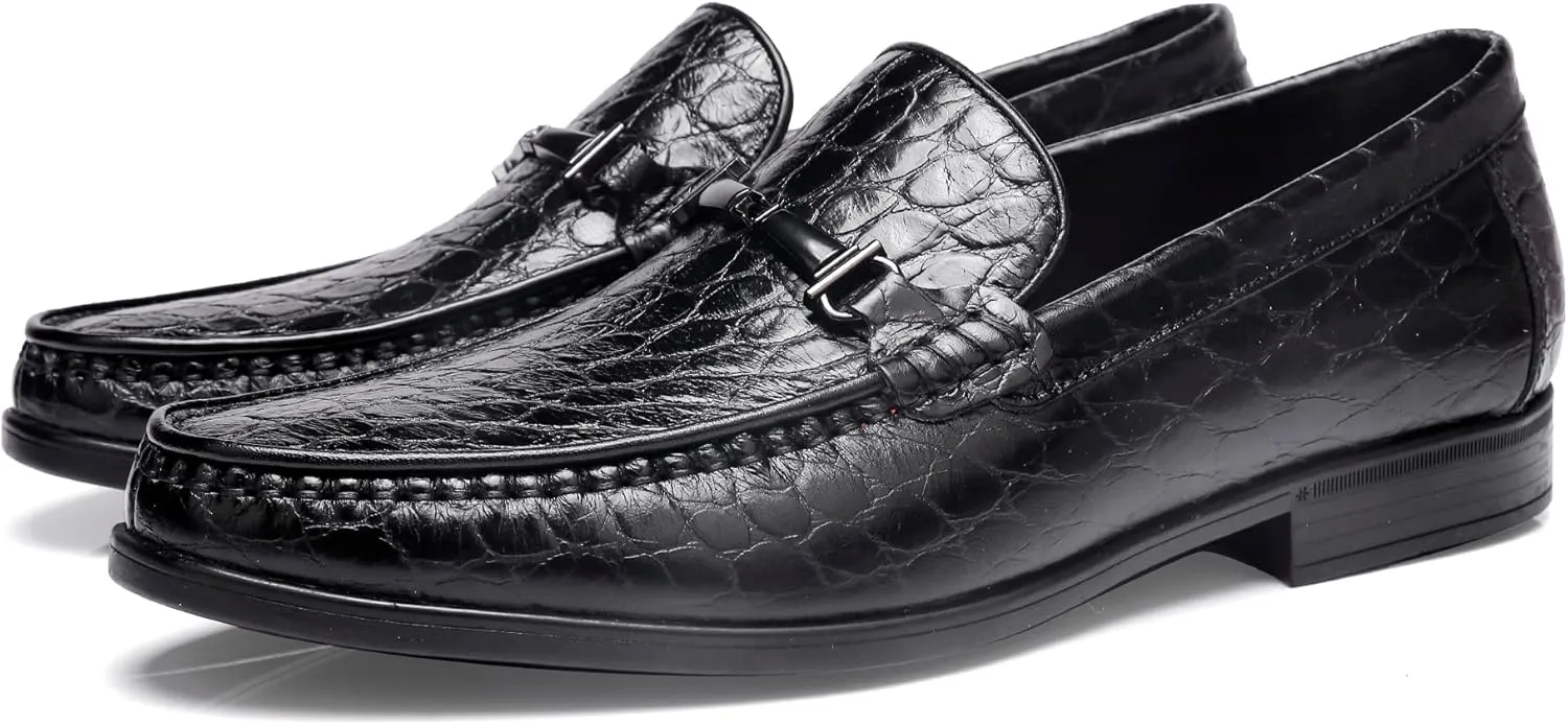 Leather Dress Shoes for Men, Classic Crocodile Printed Leather Slip-on Bit Loafer Party Shoes for Men