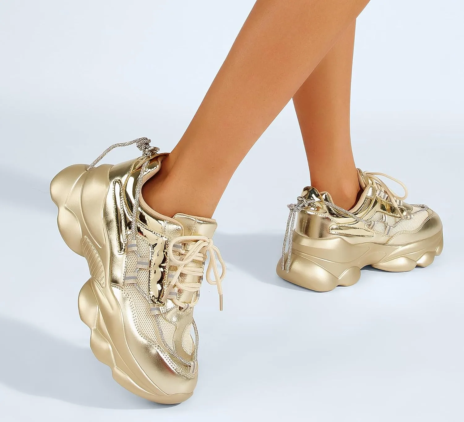 LUCKY STEP Women's 90s Chunky Sneakers Sparkly Bling Rhinestone Rope Platform Casual Thick Dad Rave Walking Shoes