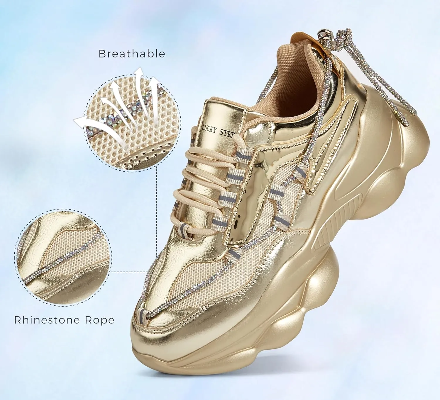 LUCKY STEP Women's 90s Chunky Sneakers Sparkly Bling Rhinestone Rope Platform Casual Thick Dad Rave Walking Shoes