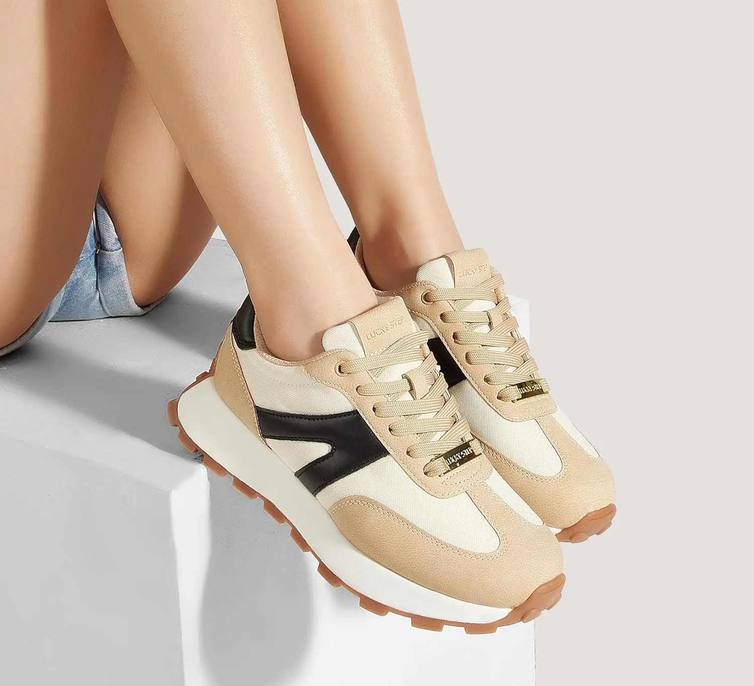 LUCKY STEP Women's Platform Fashion Sneakers Retro Classic Trainers Casual Lace-up Stylish Tennis Running Walking Shoes