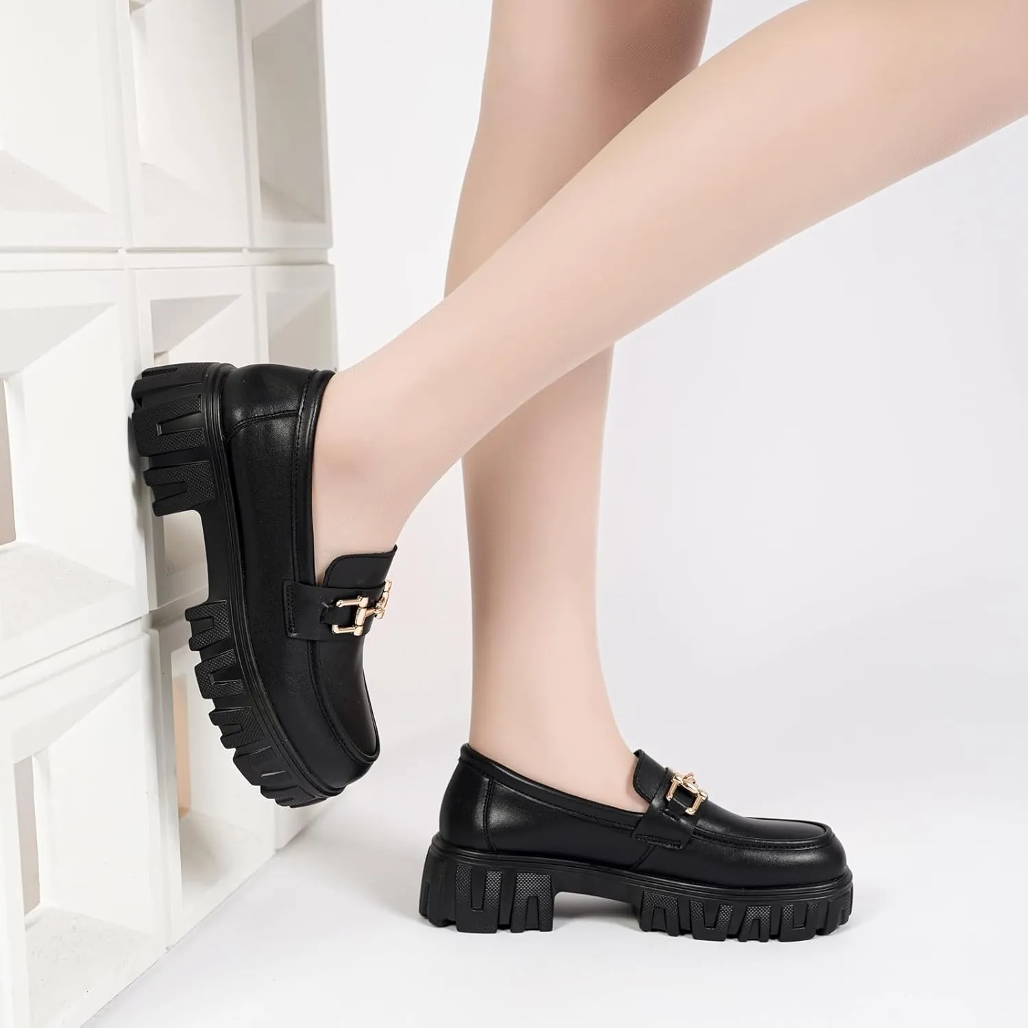 Maichal Platform Loafers for Women Slip On Chunky Heel Lug Sole Shoes Business Work Dressy Loafers with Chain