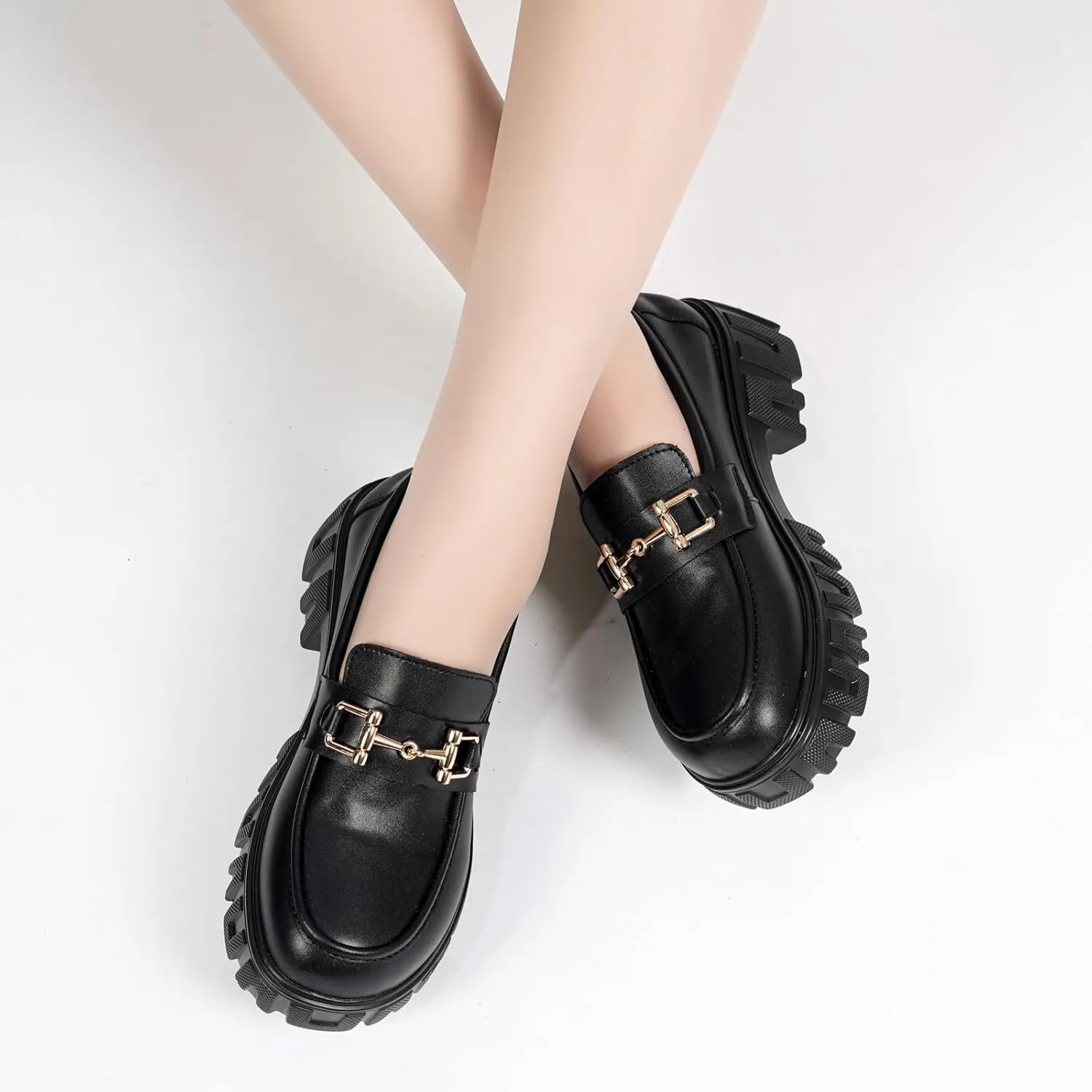 Maichal Platform Loafers for Women Slip On Chunky Heel Lug Sole Shoes Business Work Dressy Loafers with Chain