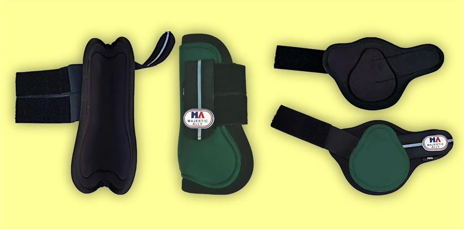 Majestic Ally Horse Leg Protection Fetlock and Tendon Boots Set, PU Shell, Neoprene Lining, Hook and Loop Closures, Multiple Colors and Sizes