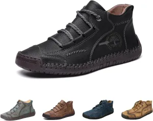 Men's Comfy Lightweight Stitching Leather Shoes, Leather Hand-Stitched Flat Mid-Cut Boots for Hiking Walking Driving (Black,42EU)