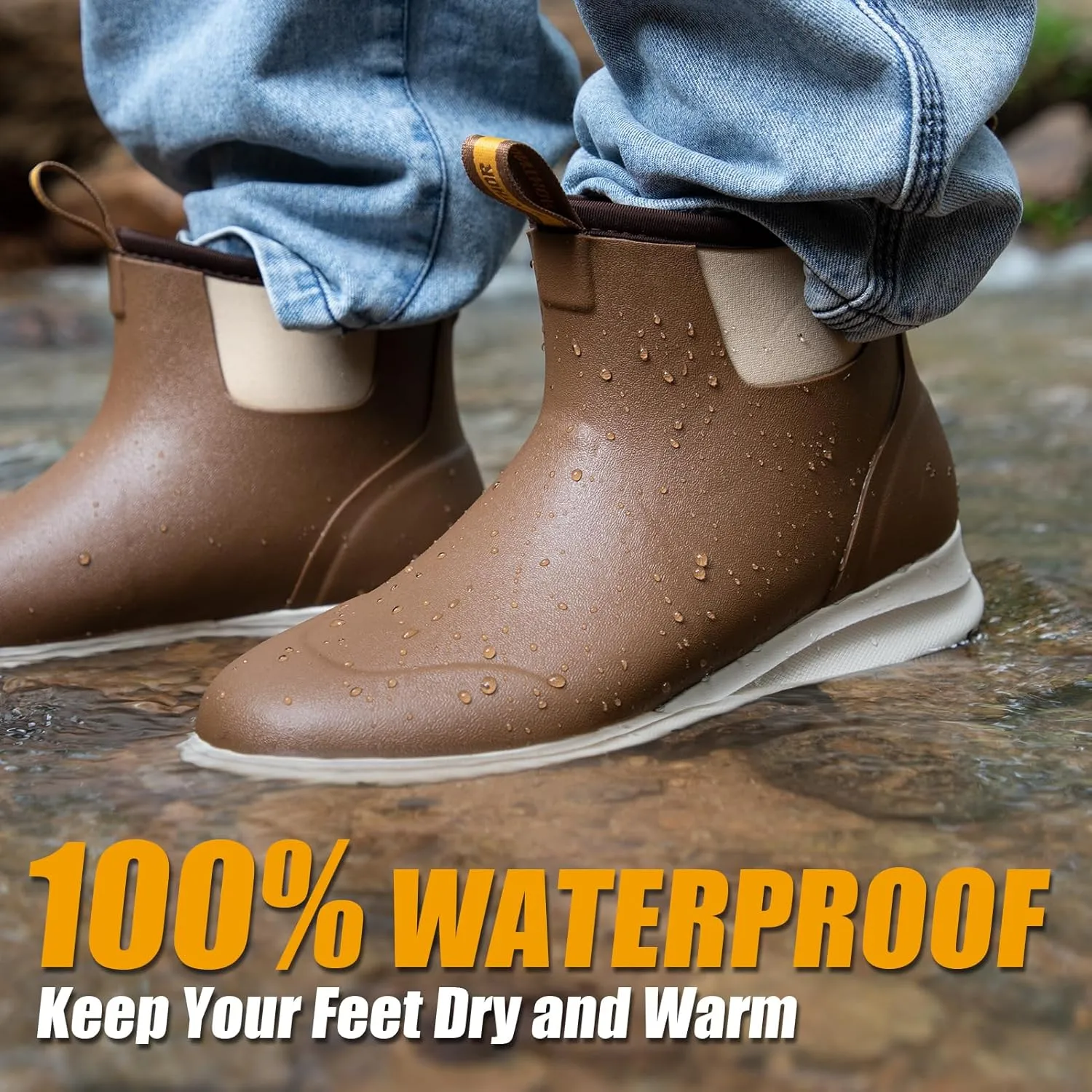 Men's Deck Boots, Lightweight Waterproof Fishing Rain Boots, Anti-Slip Rubber Shoes with Breathable 3mm Neoprene Lining Fishing, Boating, Size 7-14