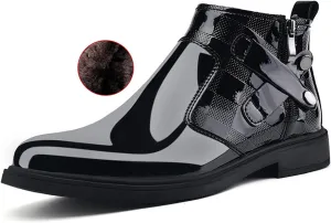 Men's Patent Leather Chunky Heel Chelsea Boots with Side Zipper Retro Round Head Square Texture Warm Plush Lining Business Formal Short Boots