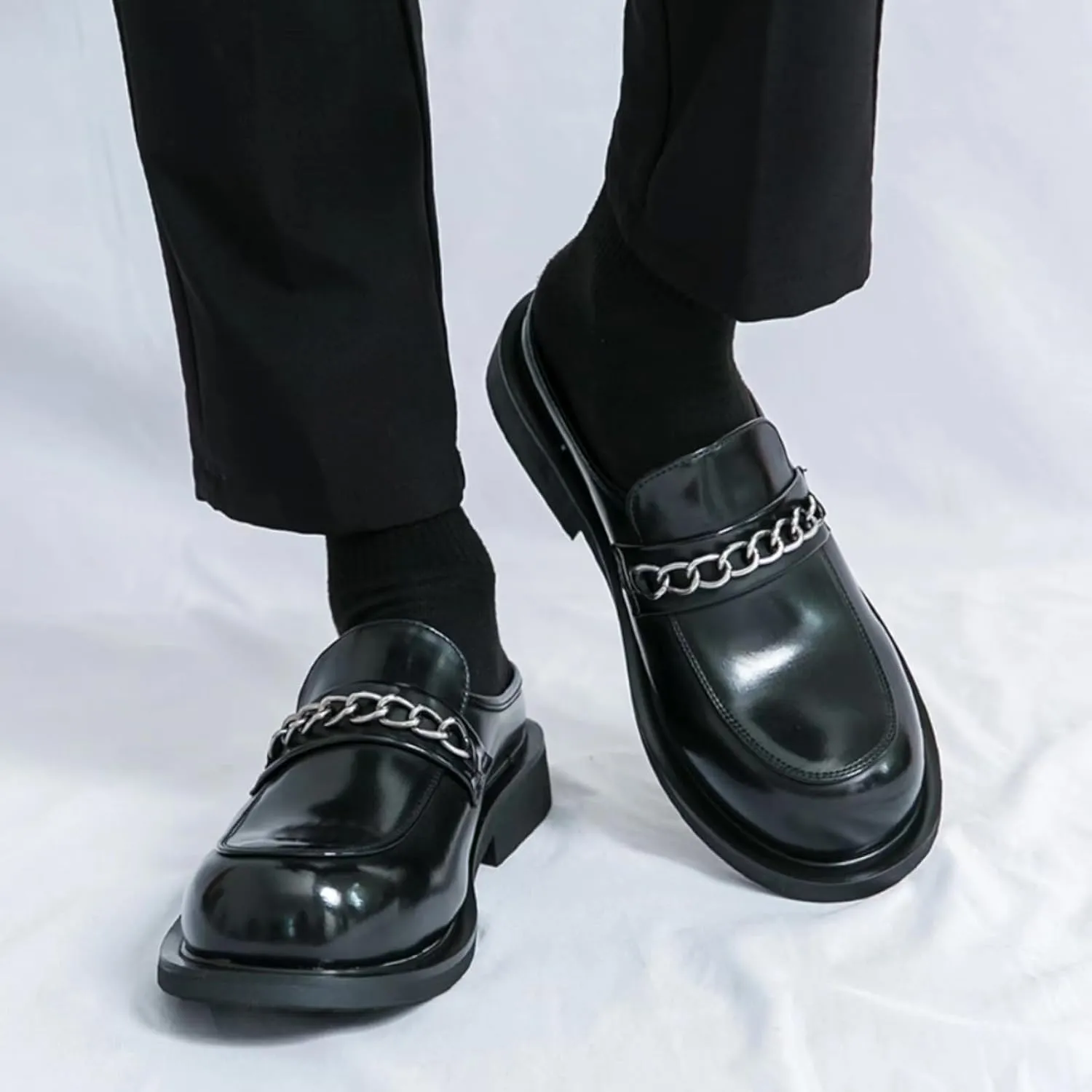 Mens Round Toe Leather Slip-On Dress Mule Sandals Classic Summer Backless Slippers Retro Formal Business Party Half Loafers