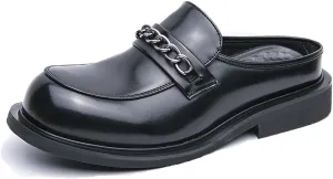 Mens Round Toe Leather Slip-On Dress Mule Sandals Classic Summer Backless Slippers Retro Formal Business Party Half Loafers