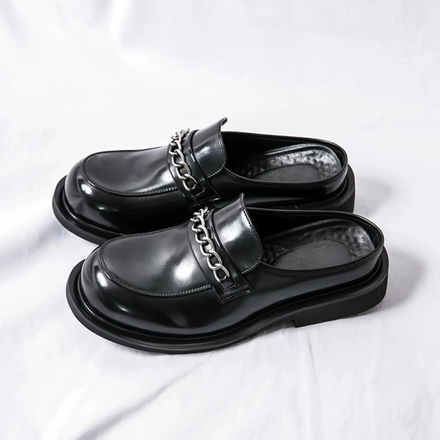 Mens Round Toe Leather Slip-On Dress Mule Sandals Classic Summer Backless Slippers Retro Formal Business Party Half Loafers