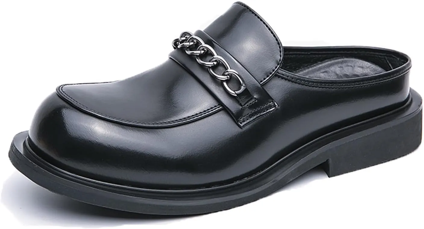 Mens Round Toe Leather Slip-On Dress Mule Sandals Classic Summer Backless Slippers Retro Formal Business Party Half Loafers