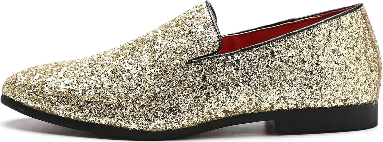 Mens Smoking Sparkling Slipper Metallic Sequins Textured Glitter Tuxedo Slip-on Prom Loafers Luxury Wedding Dress Shoes