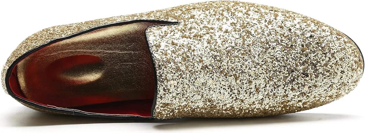 Mens Smoking Sparkling Slipper Metallic Sequins Textured Glitter Tuxedo Slip-on Prom Loafers Luxury Wedding Dress Shoes