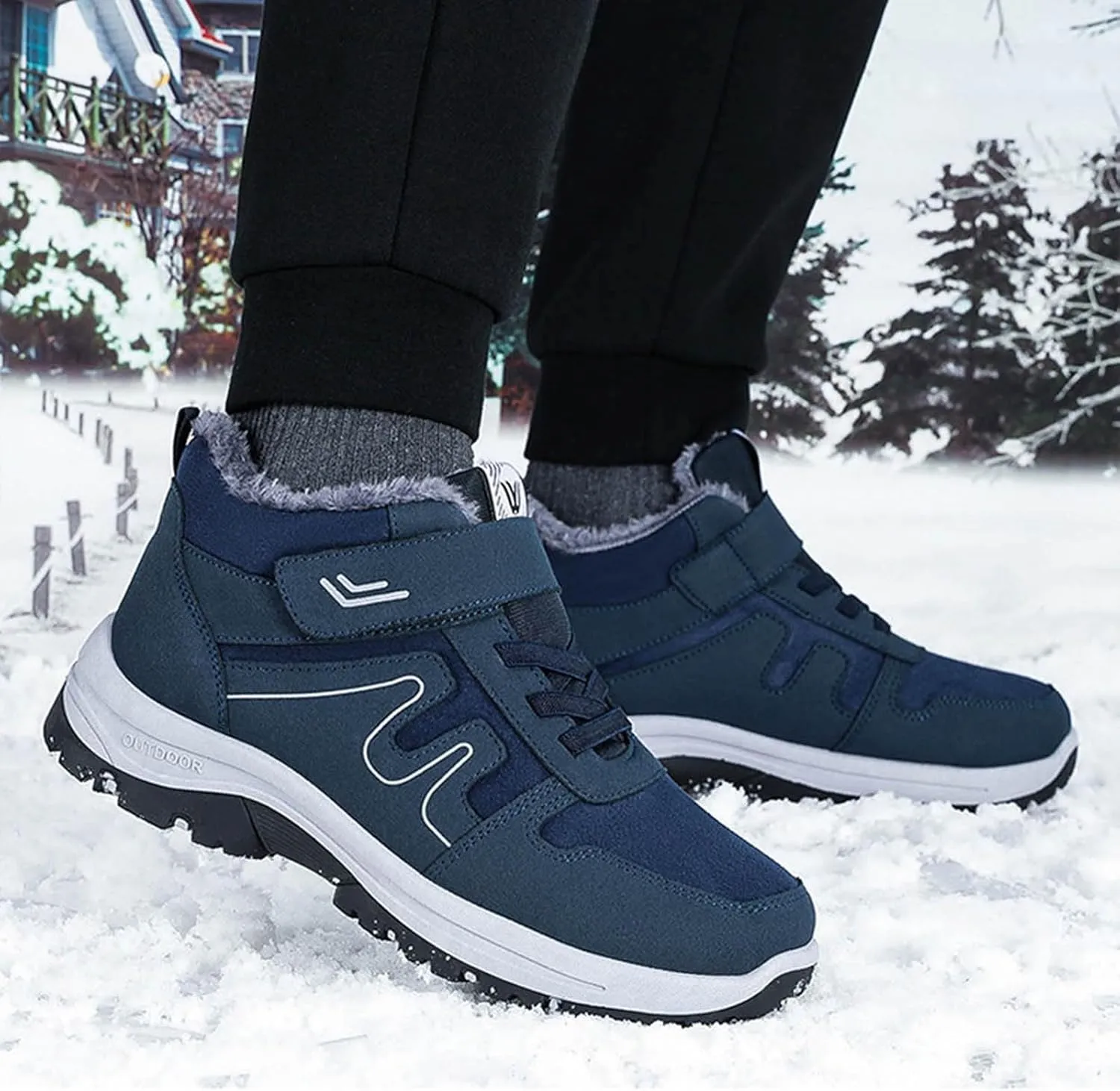 Men's Winter Sport Shoes Thickened Warm Fleece Snow Boots with Adjustable Closures Comfort Walking Hiking Boots