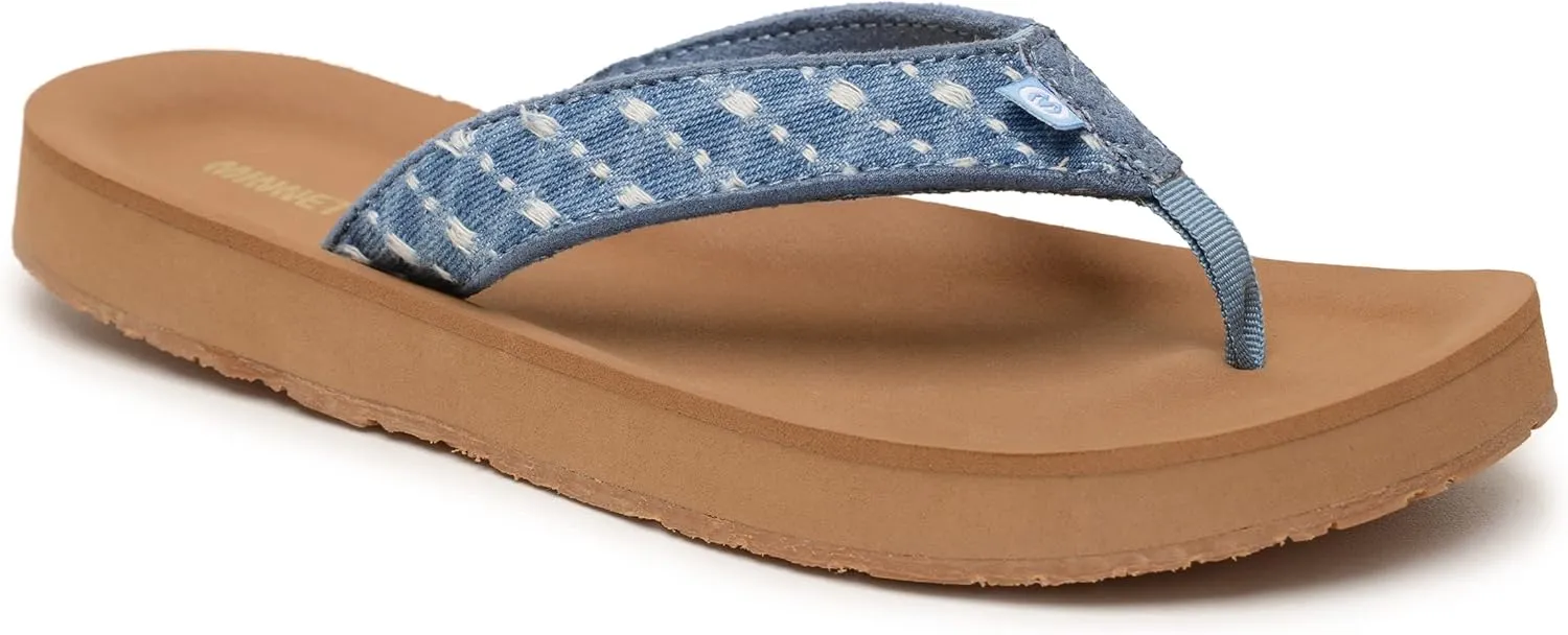 Minnetonka Hedy Sandal - Women’s Beach Flip Flops Handcrafted with Soft Denim or Woven Fabric Accents, and Contoured Footbed