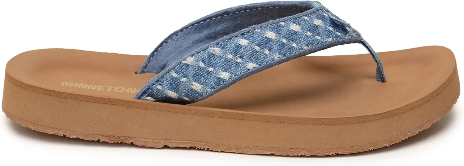 Minnetonka Hedy Sandal - Women’s Beach Flip Flops Handcrafted with Soft Denim or Woven Fabric Accents, and Contoured Footbed