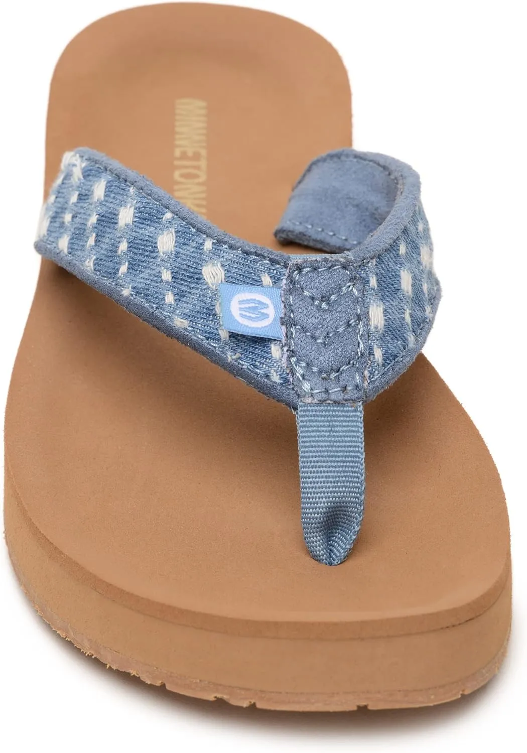 Minnetonka Hedy Sandal - Women’s Beach Flip Flops Handcrafted with Soft Denim or Woven Fabric Accents, and Contoured Footbed