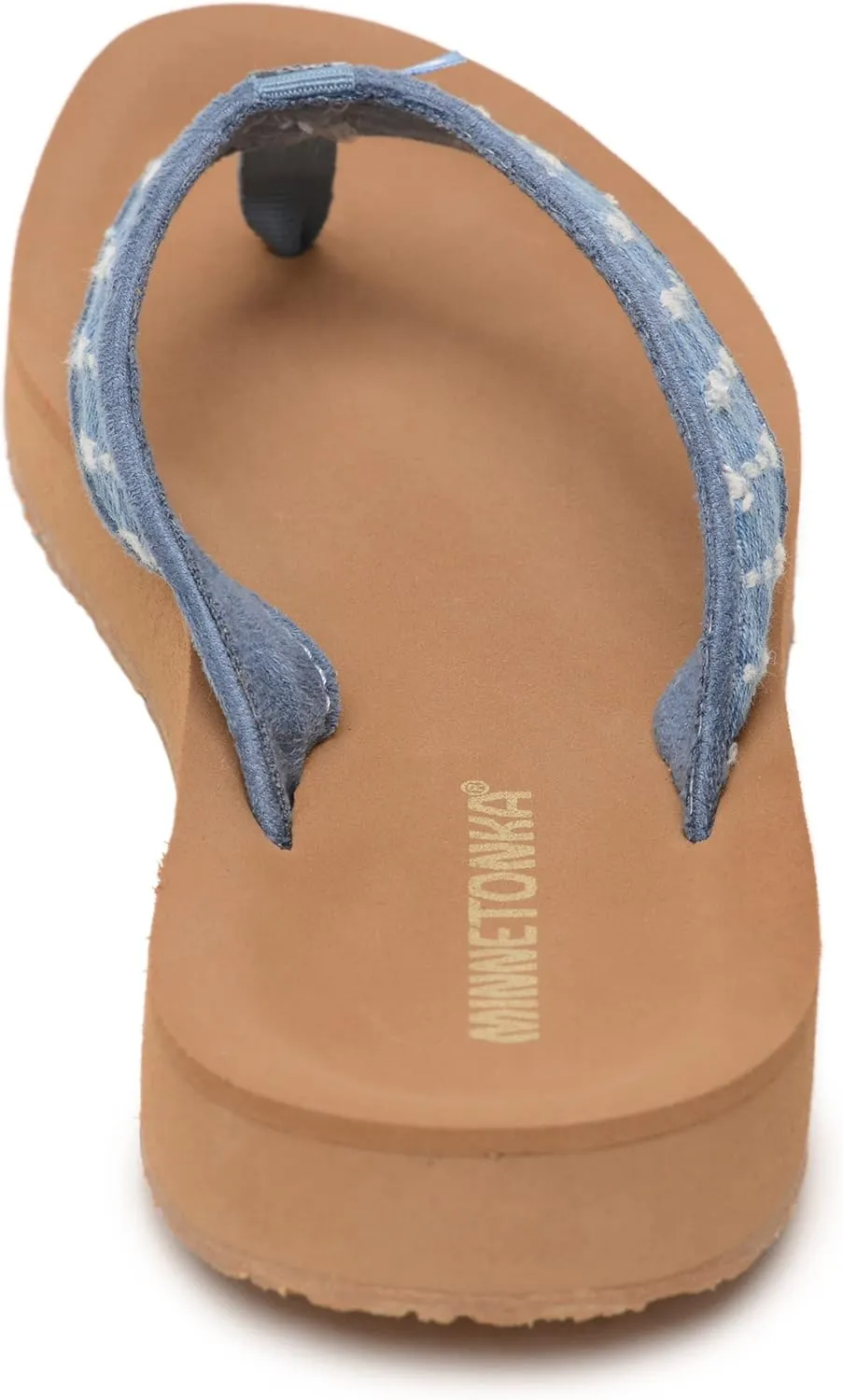 Minnetonka Hedy Sandal - Women’s Beach Flip Flops Handcrafted with Soft Denim or Woven Fabric Accents, and Contoured Footbed