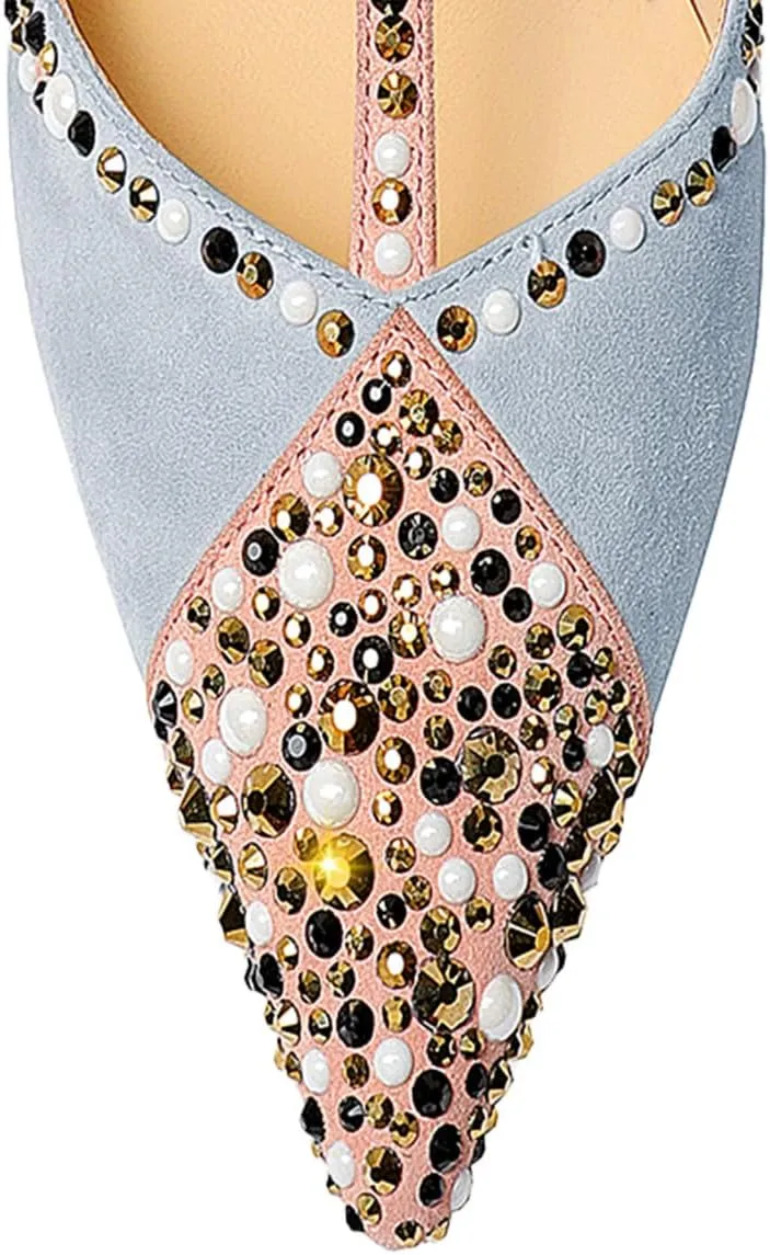 miss left Women Chic Studded Rhinestone T-Strap Pointed Toe Mules Slip on Thin High Heel Party Casual Dress Slide Sandals Size 4-16 US