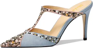 miss left Women Chic Studded Rhinestone T-Strap Pointed Toe Mules Slip on Thin High Heel Party Casual Dress Slide Sandals Size 4-16 US