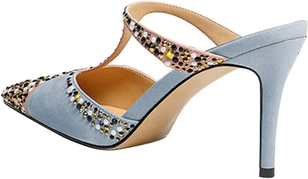 miss left Women Chic Studded Rhinestone T-Strap Pointed Toe Mules Slip on Thin High Heel Party Casual Dress Slide Sandals Size 4-16 US