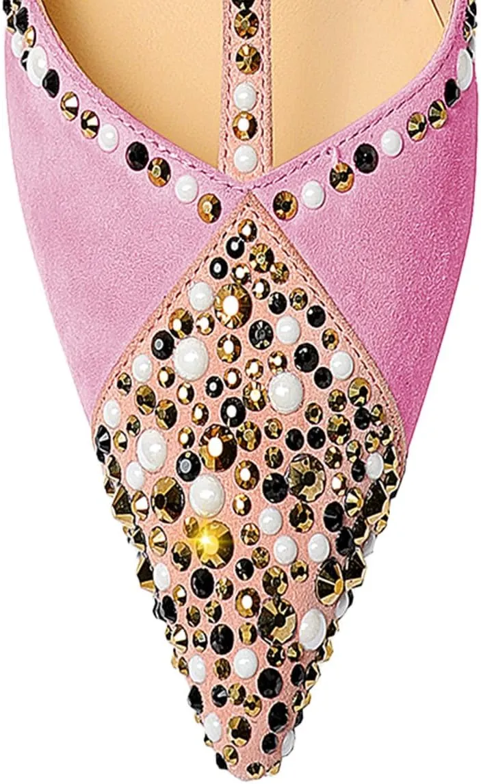 miss left Women Chic Studded Rhinestone T-Strap Pointed Toe Mules Slip on Thin High Heel Party Casual Dress Slide Sandals Size 4-16 US