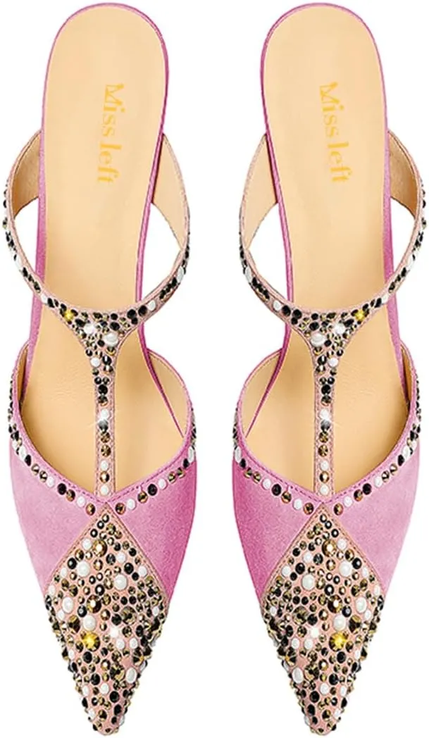 miss left Women Chic Studded Rhinestone T-Strap Pointed Toe Mules Slip on Thin High Heel Party Casual Dress Slide Sandals Size 4-16 US