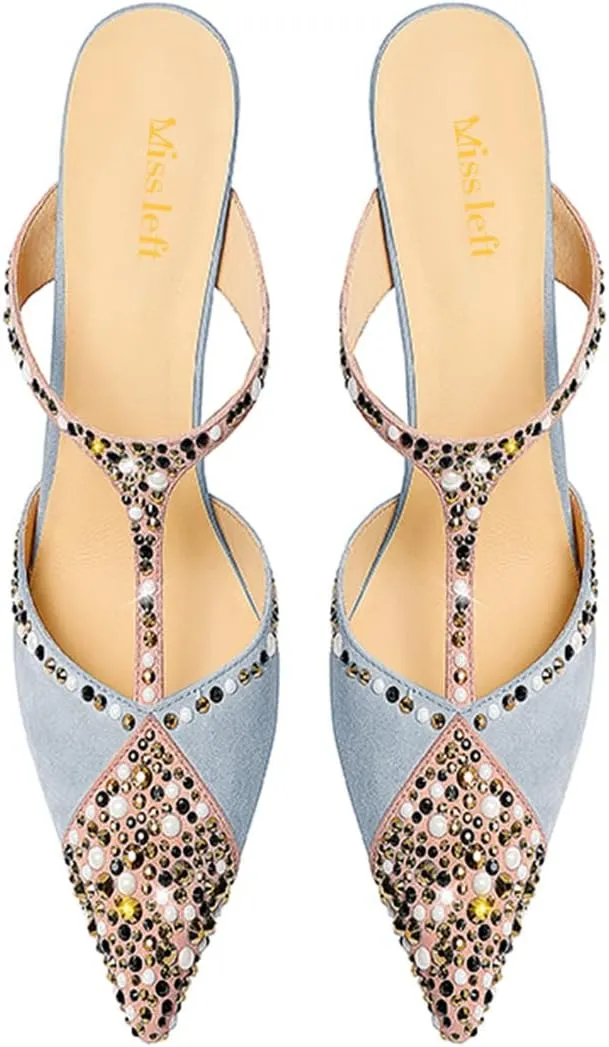 miss left Women Chic Studded Rhinestone T-Strap Pointed Toe Mules Slip on Thin High Heel Party Casual Dress Slide Sandals Size 4-16 US