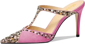 miss left Women Chic Studded Rhinestone T-Strap Pointed Toe Mules Slip on Thin High Heel Party Casual Dress Slide Sandals Size 4-16 US