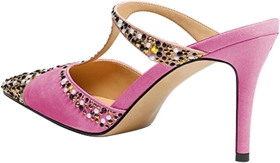 miss left Women Chic Studded Rhinestone T-Strap Pointed Toe Mules Slip on Thin High Heel Party Casual Dress Slide Sandals Size 4-16 US