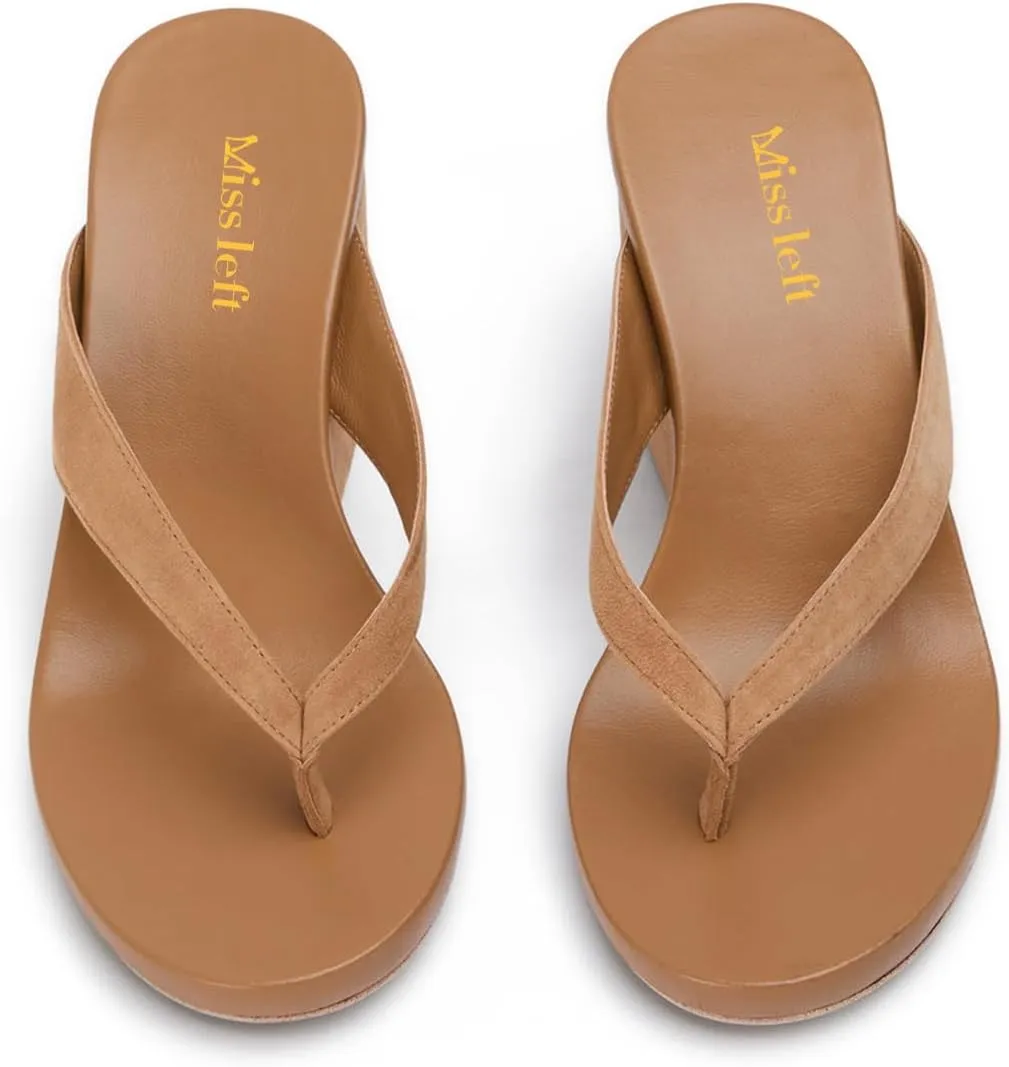 miss left Women Fashion Open Round Toe Flip Flops Wedge High Heel Slip on Mule Comfortable Summer Beach Casual Daily Slippers Size 4-16 US
