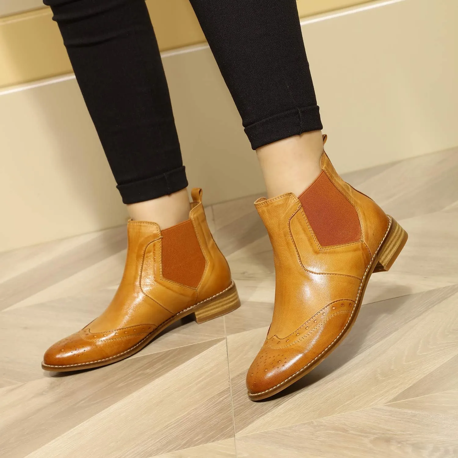 Mona flying Womens Classic Leather Chelsea Boot Ankle High Fashion Low Heel Pull on Wingtip Brogue Booties