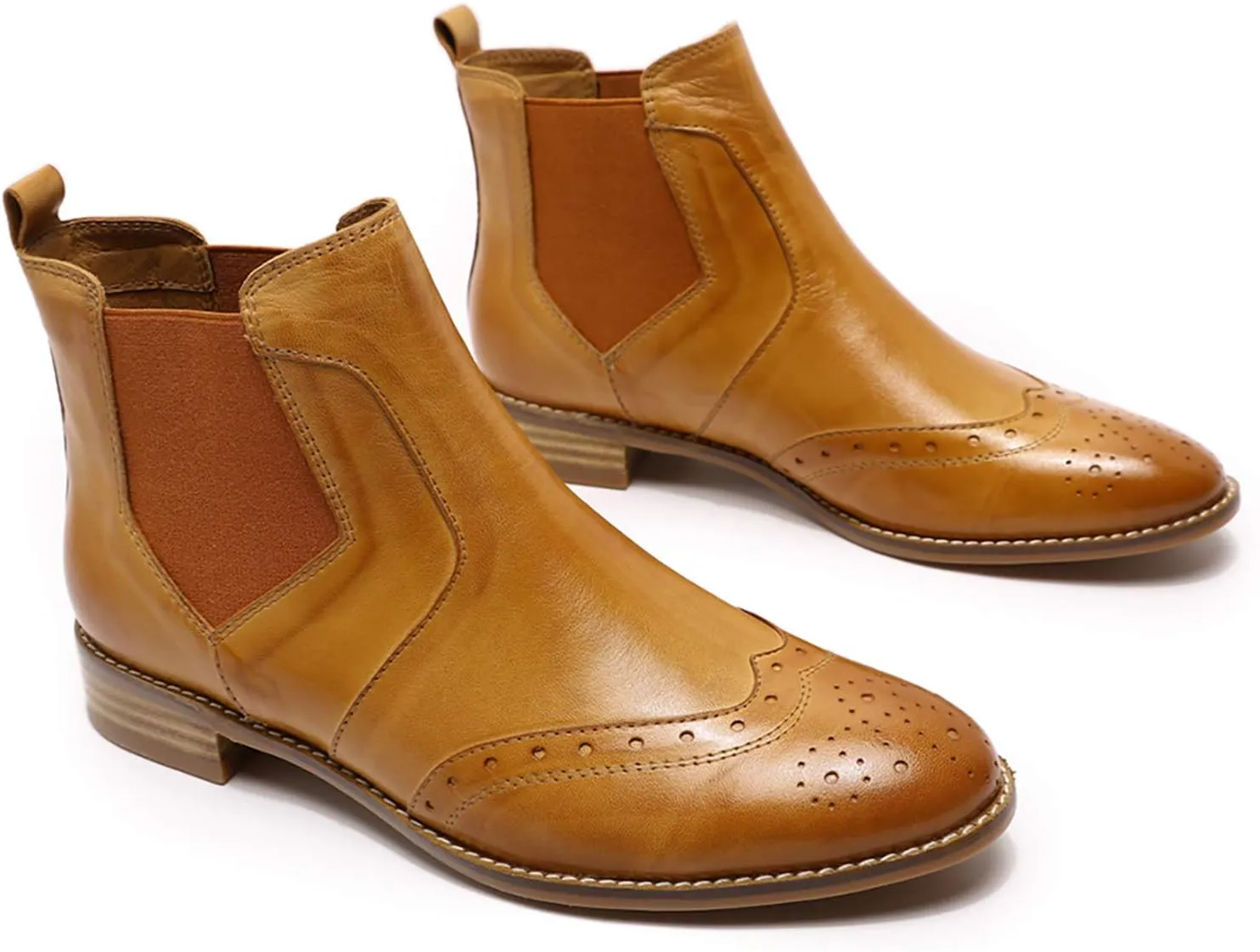 Mona flying Womens Classic Leather Chelsea Boot Ankle High Fashion Low Heel Pull on Wingtip Brogue Booties