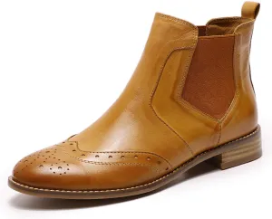 Mona flying Womens Classic Leather Chelsea Boot Ankle High Fashion Low Heel Pull on Wingtip Brogue Booties