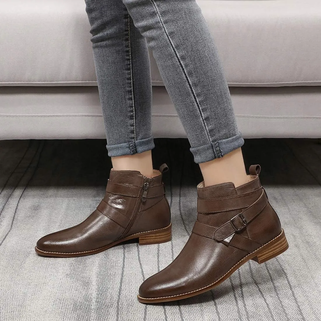 Mona flying Womens Leather Booties Ankle Boots with Side Zippers Low Heel Short Engineer Boots for Ladies