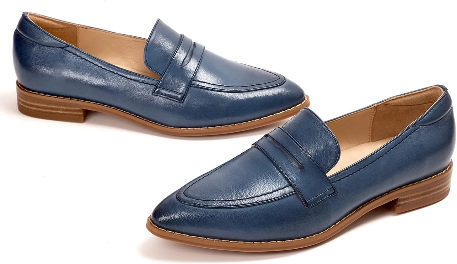 Mona flying Women's Leather Pointed Toe Penny Loafer Dress Casual Slip on Flat Office Work Shoes for Ladies