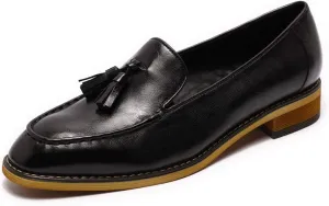 Mona flying Women's Leather Tassel Loafer Dress Casual Slip on Flat Work Shoes for Ladies