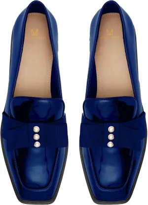 MOOMMO Women Low Chunky Heel Bow Loafers Patent Slip On Square Toe Loafer Pumps Pearl 1 inch Block Heel Dress Shoes Comfort Office Ladies Oxford Loafer Shoes Bow Cute Office 4-11 M US