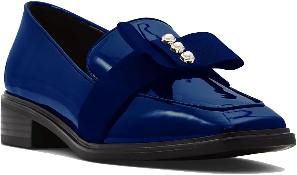 MOOMMO Women Low Chunky Heel Bow Loafers Patent Slip On Square Toe Loafer Pumps Pearl 1 inch Block Heel Dress Shoes Comfort Office Ladies Oxford Loafer Shoes Bow Cute Office 4-11 M US