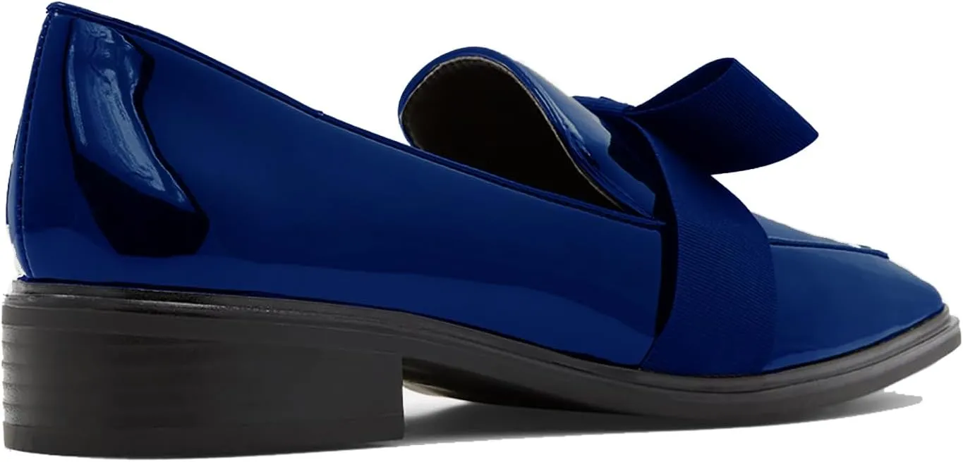 MOOMMO Women Low Chunky Heel Bow Loafers Patent Slip On Square Toe Loafer Pumps Pearl 1 inch Block Heel Dress Shoes Comfort Office Ladies Oxford Loafer Shoes Bow Cute Office 4-11 M US