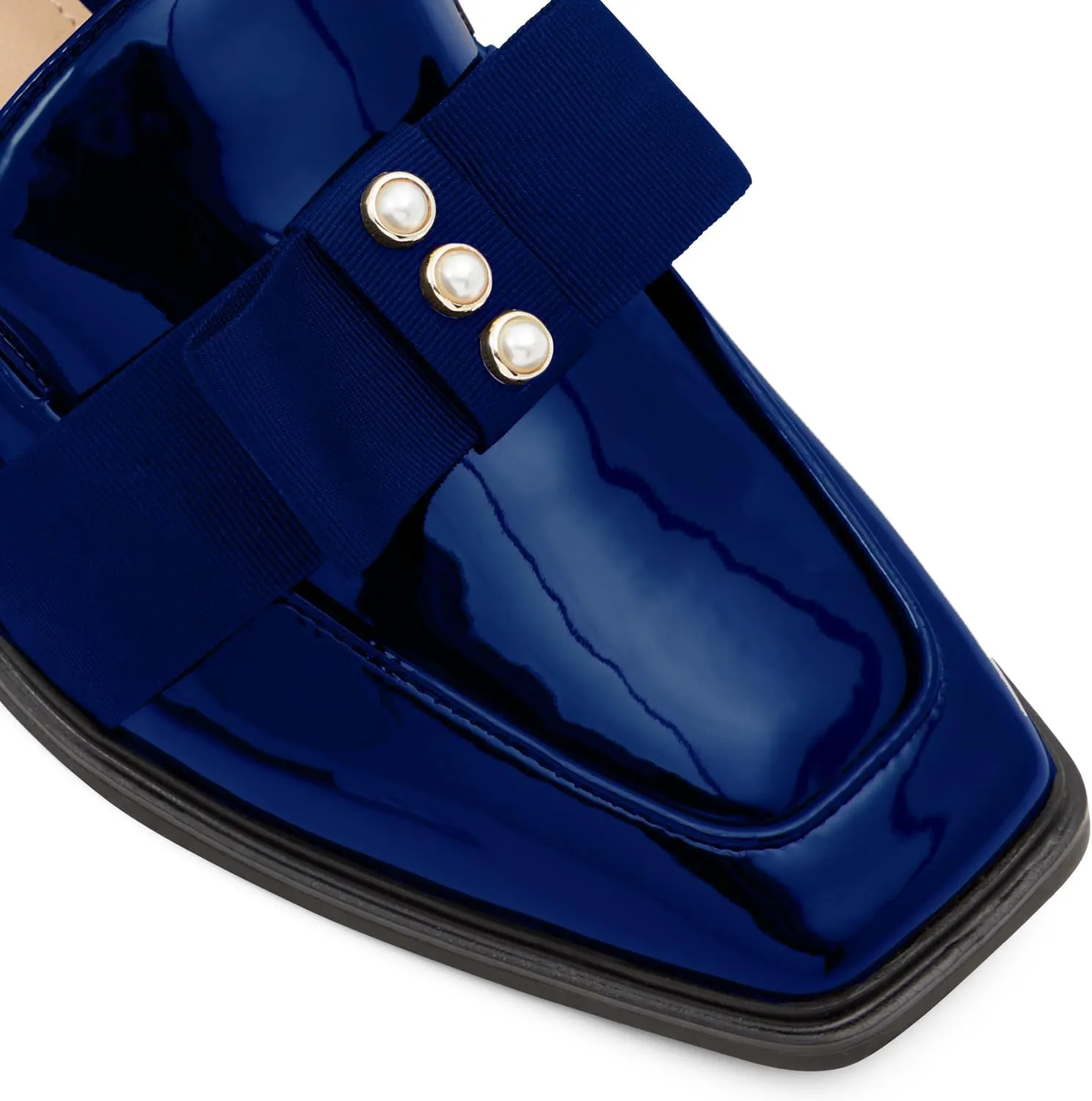 MOOMMO Women Low Chunky Heel Bow Loafers Patent Slip On Square Toe Loafer Pumps Pearl 1 inch Block Heel Dress Shoes Comfort Office Ladies Oxford Loafer Shoes Bow Cute Office 4-11 M US