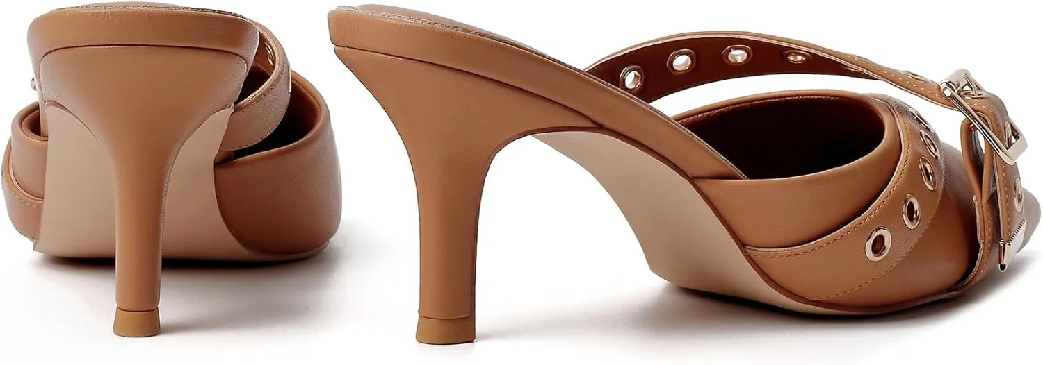 Mostrin Kitten Mules Heels for Women Pointed Closed Toe Heels Vintage Slip on Stiletto Dressy Pumps Shoes