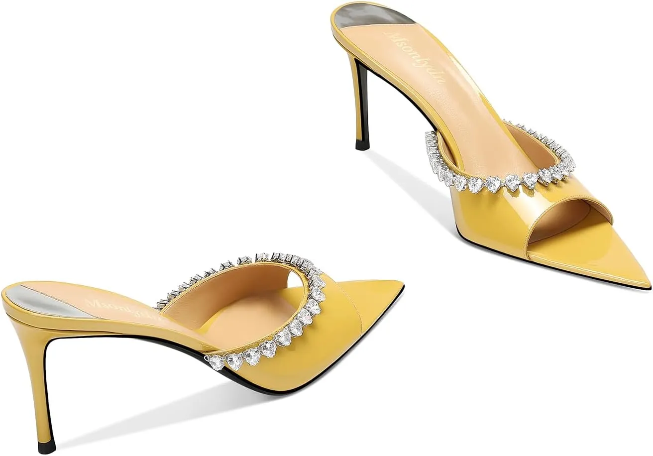MSONLYDN Women's Heeled Mules Sandals Pointed Peep Toe Slip on Stiletto Heels for Wedding Party