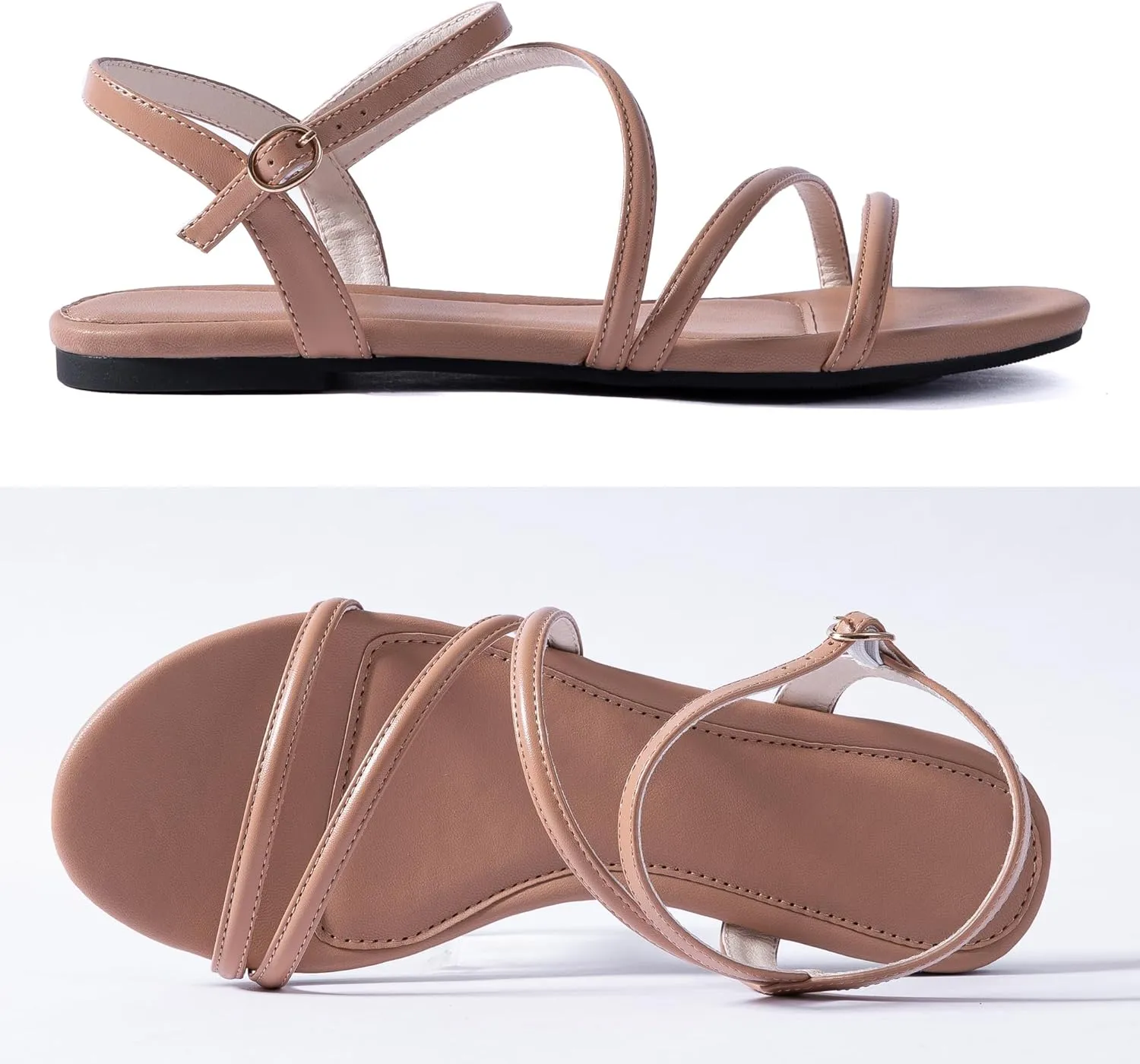 Mtzyoa Women Flat Sandals Dressy Strappy Gladiator Summer Ankle Strap Nude Open Toe Comfortable Wedding Casual Leather Ladies Party Trendy Vacation