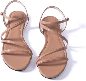 Mtzyoa Women Flat Sandals Dressy Strappy Gladiator Summer Ankle Strap Nude Open Toe Comfortable Wedding Casual Leather Ladies Party Trendy Vacation
