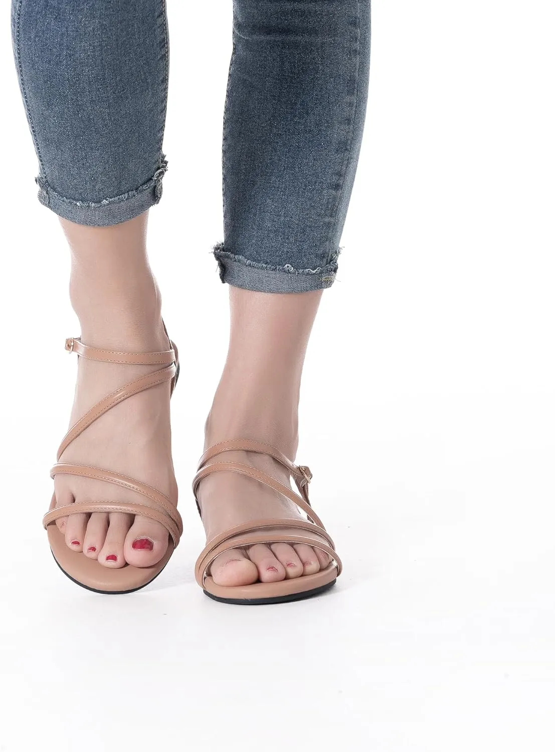 Mtzyoa Women Flat Sandals Dressy Strappy Gladiator Summer Ankle Strap Nude Open Toe Comfortable Wedding Casual Leather Ladies Party Trendy Vacation