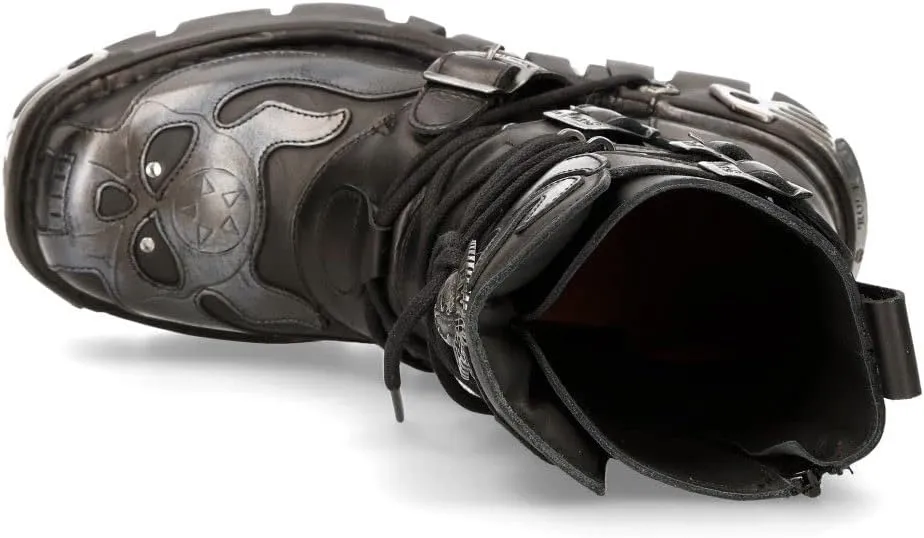 New Rock Men's Silver Metallic Skull Devil Goth Punk Leather Calf Boots