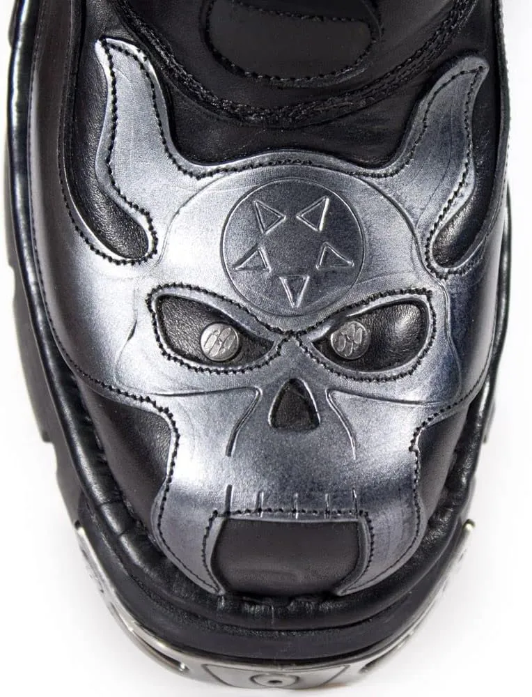 New Rock Men's Silver Metallic Skull Devil Goth Punk Leather Calf Boots