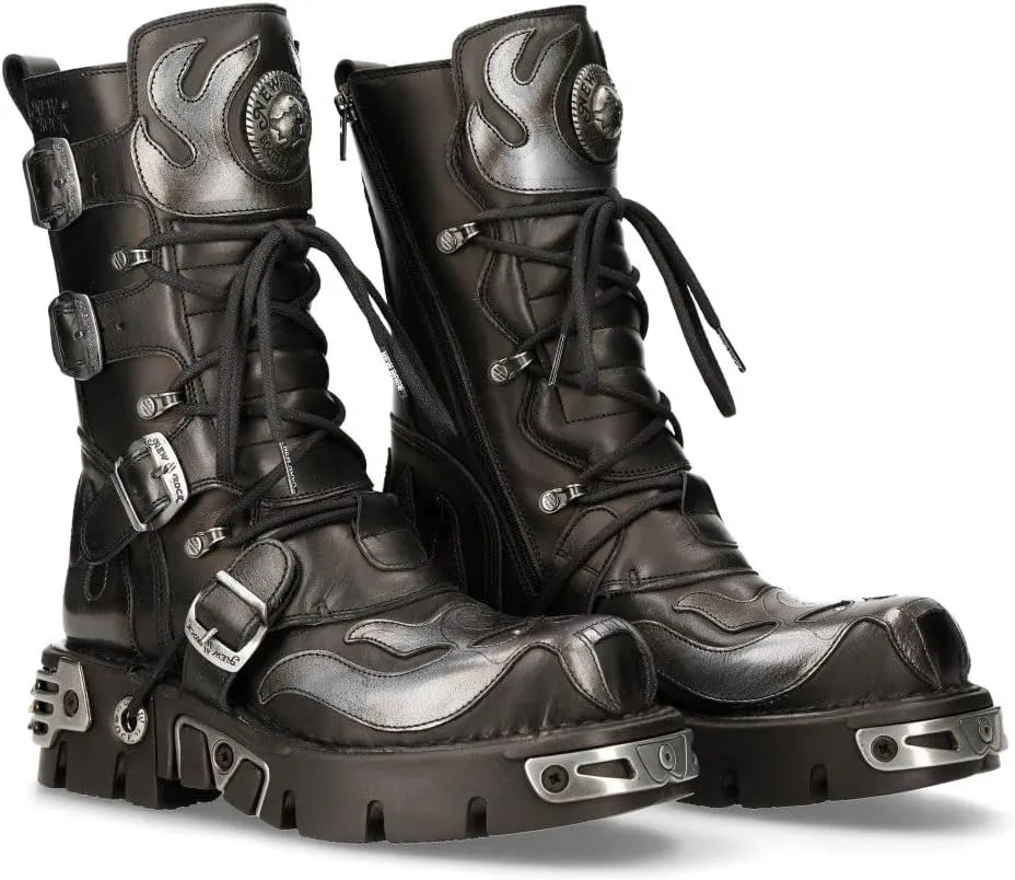 New Rock Men's Silver Metallic Skull Devil Goth Punk Leather Calf Boots