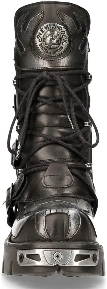 New Rock Men's Silver Metallic Skull Devil Goth Punk Leather Calf Boots
